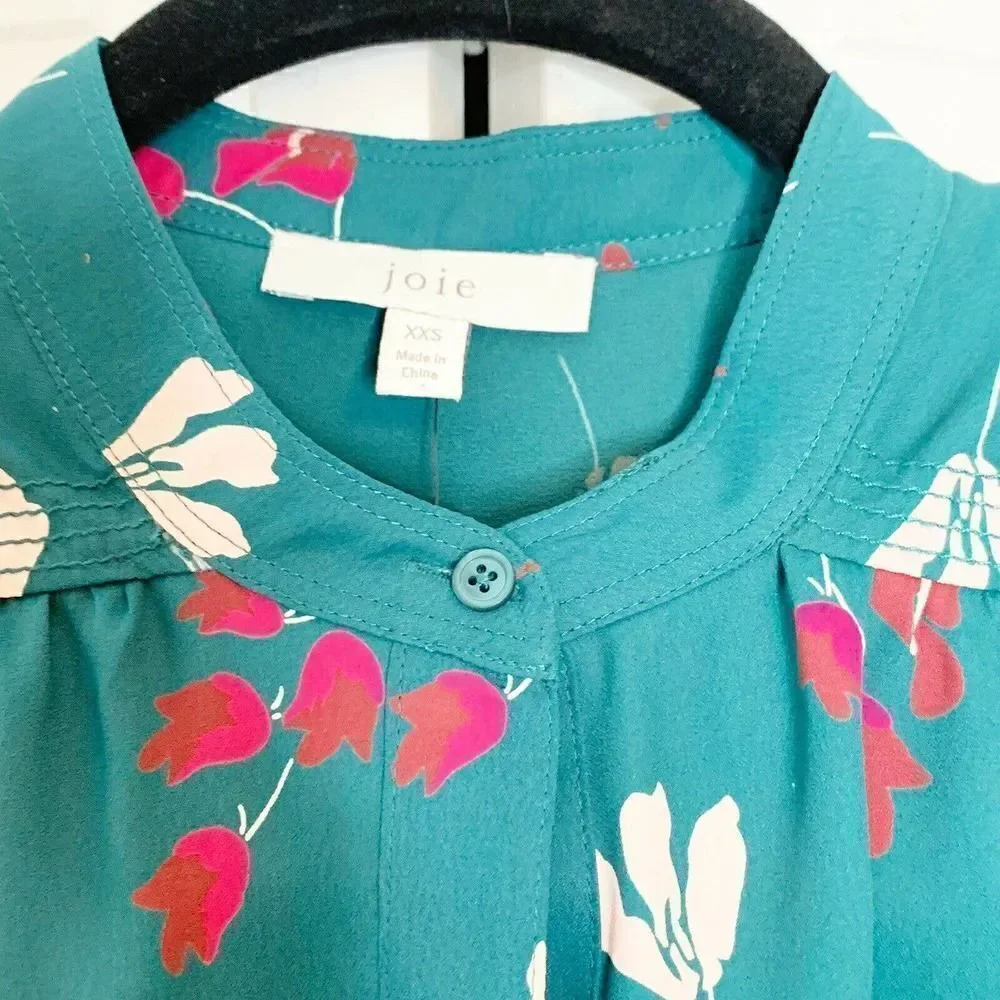 JOIE Women’s Myella Floral Print Blouse Size XXS Teal Long Sleeve Button Top - Picture 10 of 12